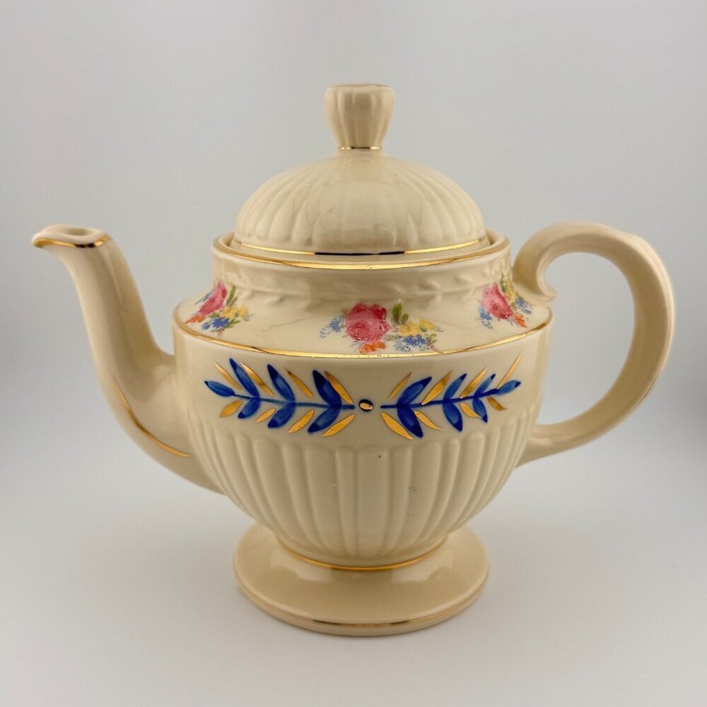 Vintage Shawnee Pottery Teapot USA | Hand Painted Blue Gold Floral